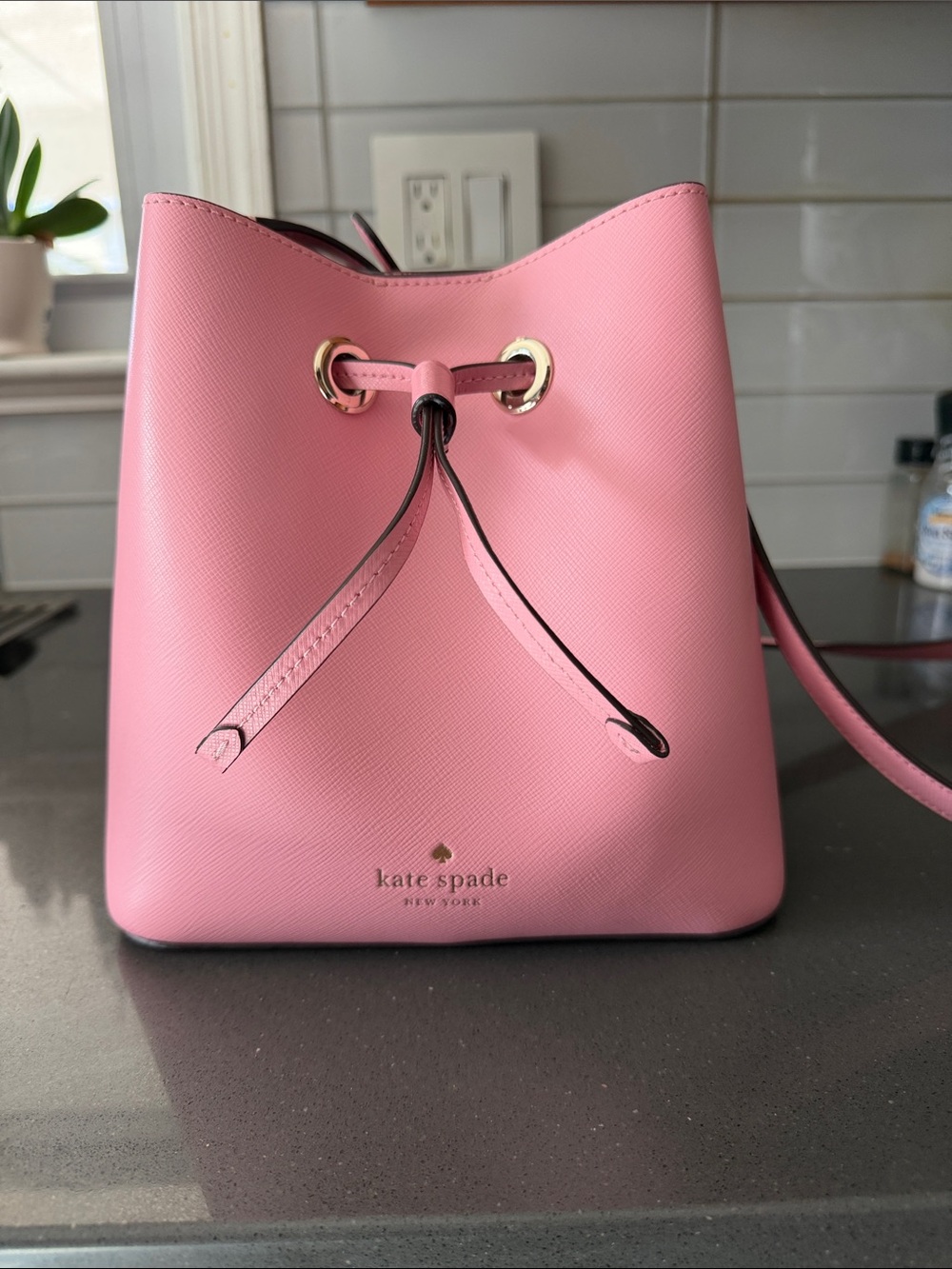kate spade Pink Saffiano Leather Drawstring Crossbody Bucket Bag